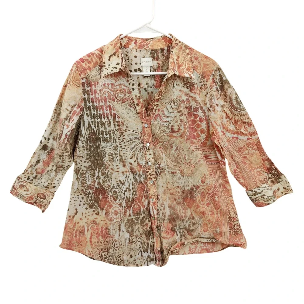 Chicos Women Maximalist Earthy Abstract Animal Button Down Shirt 2 Large Tan - Picture 1 of 16